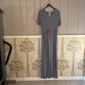 NWT MAIN STRIP stripe dress with neon pink accents-tie cinched waist L